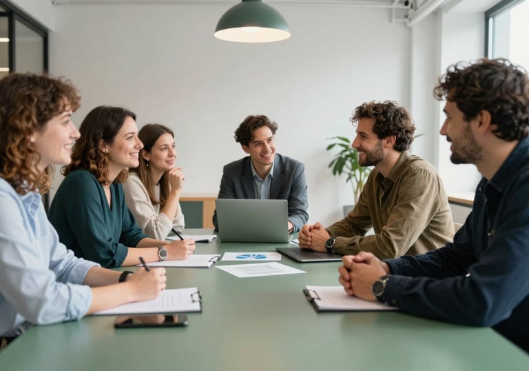 A group of cheerful colleagues discussing creative concepts around a large matte forest green table in a bright, modern Northern European / Scandinavian office.