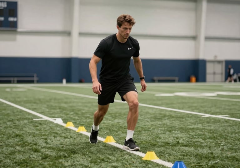 A wide shot of a male athletic trainer setting up agility cones on a professional indoor turf field, clean boutique environment, North American style.