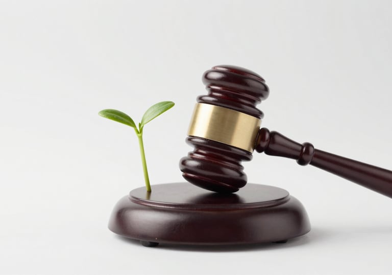 An evocative image of a legal gavel resting beside a delicate, blooming sprout. The composition uses a clean, bright style with #F6F4F0 and #B7B0A9 tones.