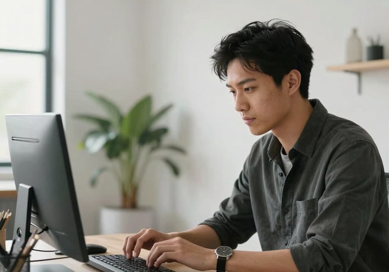 A North American creative professional at work in a bright, modern studio with clean lines and sophisticated decor, capturing a sense of strategic focus.
