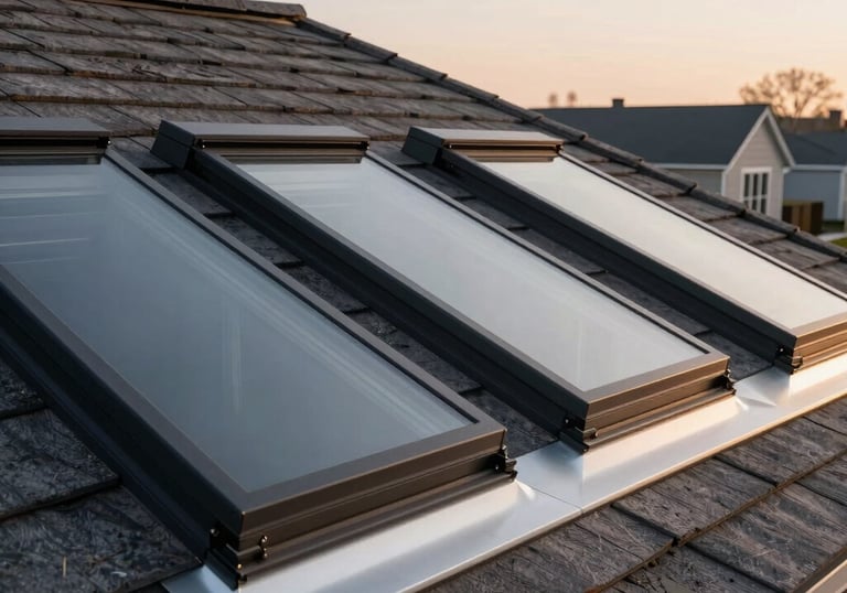 A completed modern residential roof with skylights and pristine flashing, North American / US architecture, crisp evening lighting.