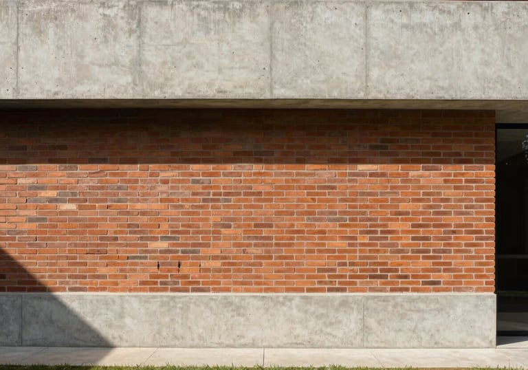 A minimalist architectural shot of a finished concrete and brick facade, modern Sul Americano / Brasileiro design, clean lines, sunlight casting soft shadows, professional finish.