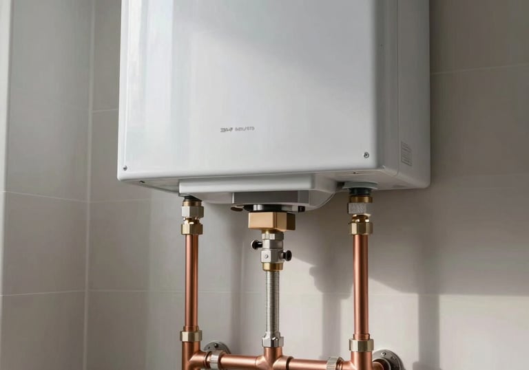 A photograph of a newly installed, sleek silver water heater in a well-lit North American / US utility room, clean copper piping connections, showcasing high-quality professional installation.