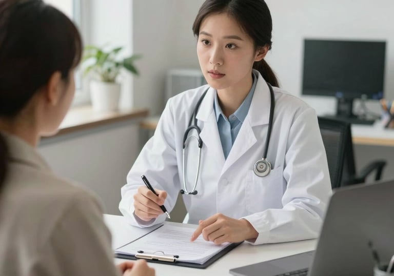 A nutritionist discussing a meal plan with a patient in a bright consultation office, natural lighting, professional and healthy corporate vibe.