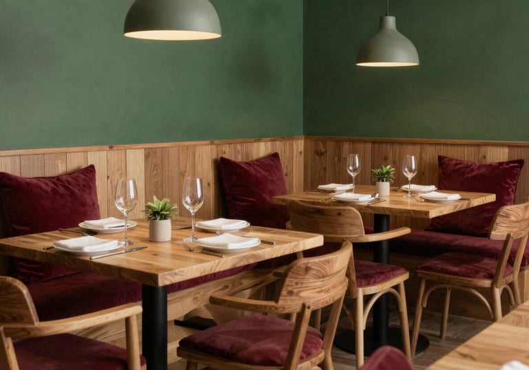 A cozy Scandinavian-style restaurant dining room with warm wooden furniture, forest green walls, and deep ripe crimson accent pillows.