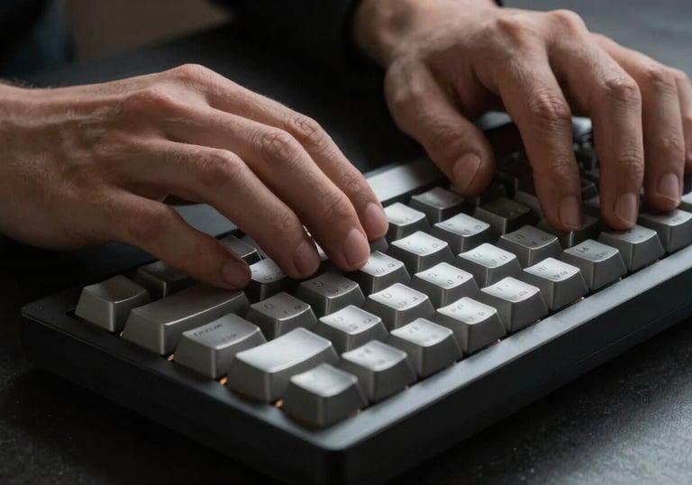 A high-contrast photo of a person's hands typing on a mechanical keyboard. The lighting is focused and dramatic, highlighting the silver mist keys and deep charcoal frame, symbolizing precision development.