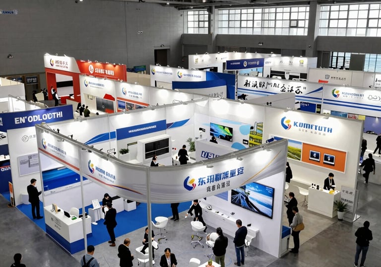 Wide angle overhead view of a busy technology trade show with multiple corporate exhibition booths.