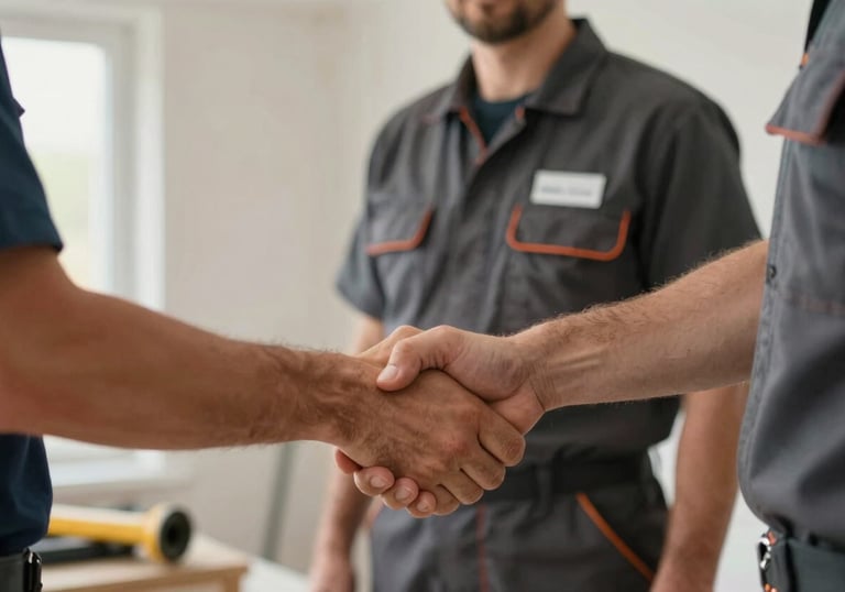 A close-up shot of a professional handshake between a plumber and a homeowner in a Northern European / German / Hamburg setting. The plumber wears a dark slate uniform with a visible name badge. The atmosphere is warm and professional.