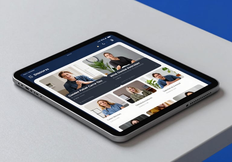 A digital tablet displaying an interactive online course interface with video modules, lying on a clean desk with soft mist white and royal blue accents.