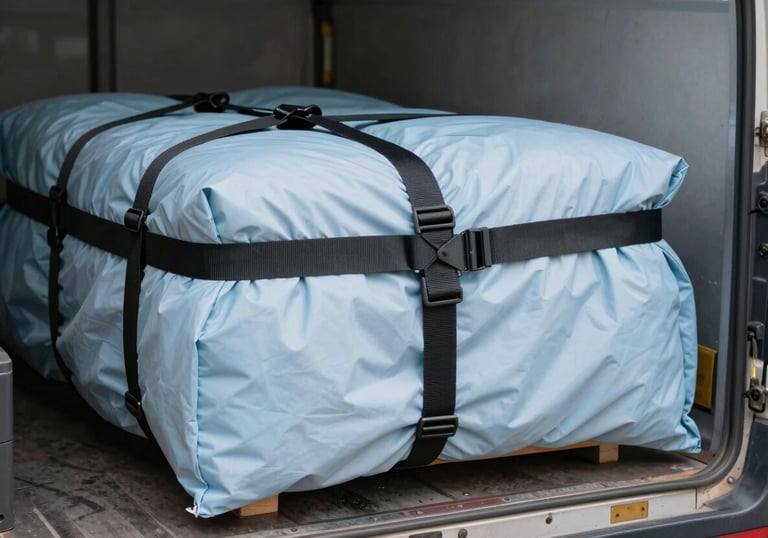Close up of heavy-duty straps and protective pale blue blankets securing furniture inside a moving truck, emphasizing safety.