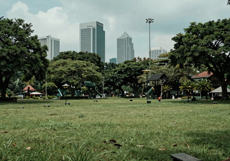 A serene, clean park within a Southeast Asian / Indonesian city, representing the clean air resulting from waste-to-energy projects, soft teal and green tones.