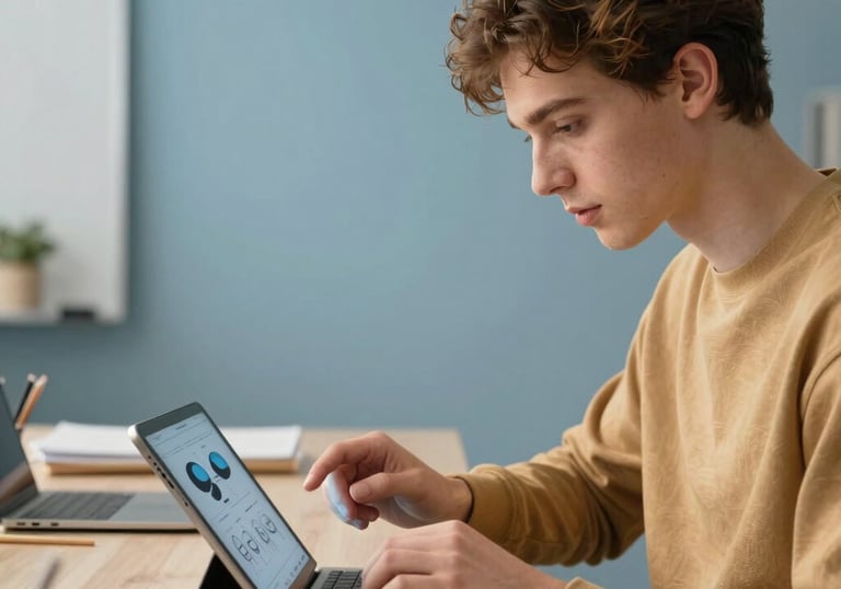 A student using a tablet in a bright studio, focusing on design work, soft blue and golden tan colors in the background, European office style.