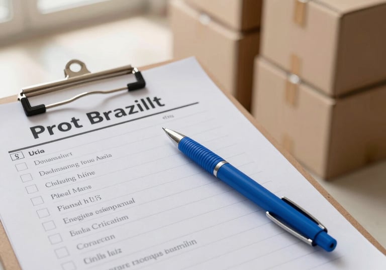 A close-up of a professional checklist on a clipboard with a Soft Blue pen, next to neatly stacked moving boxes, soft morning light in a Brazilian apartment.