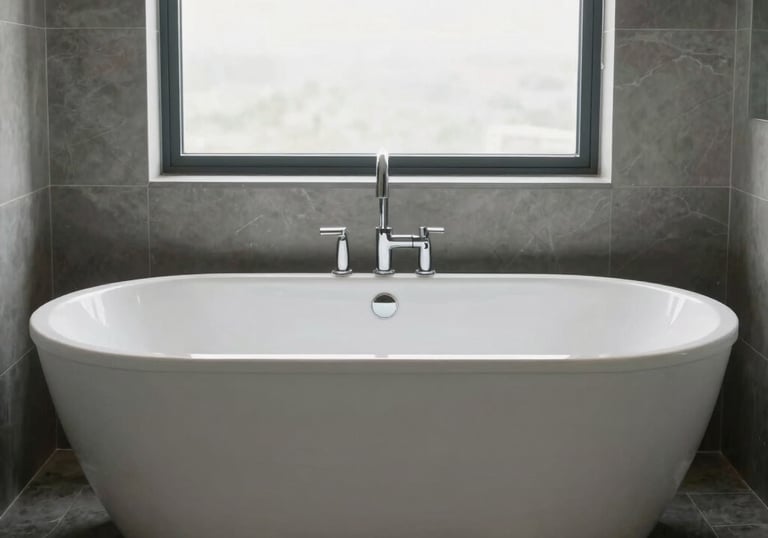 A wide photography shot of a luxury master bathroom featuring a freestanding white tub on a dark stone floor, soft natural light from a window.
