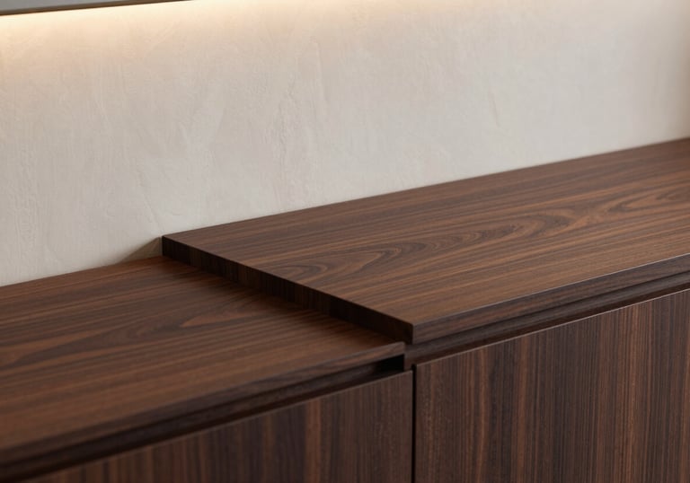 A close-up of luxury interior finishing details, featuring a dark espresso wood countertop and soft alabaster walls with sophisticated lighting.