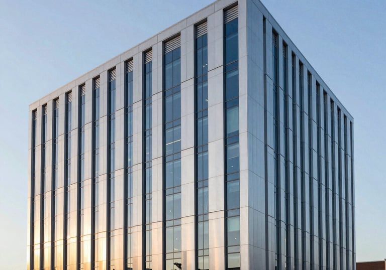An architectural photography shot of a sleek, modern North American / US corporate headquarters at sunrise. The building features large silver panels and blue glass, reflecting a sense of stability and institutional trust.