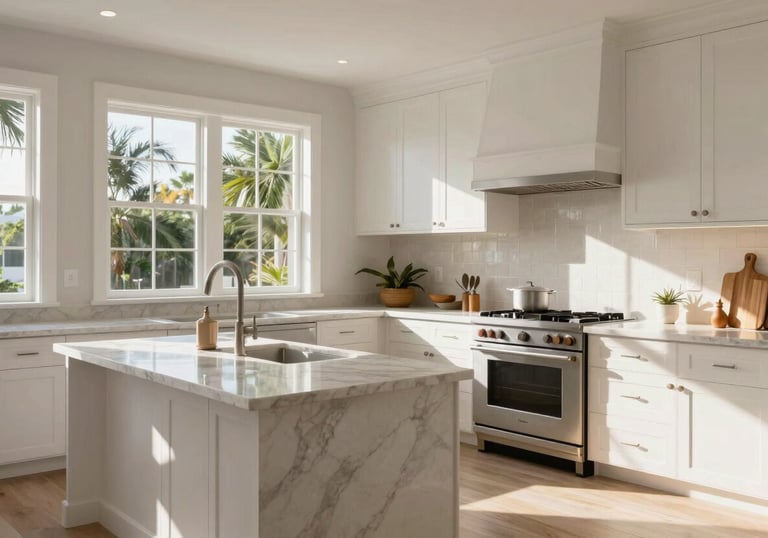 An interior shot of a high-end Florida kitchen remodel, showing clean white lines, marble countertops, and warm sunbeams through large windows, North American home style.