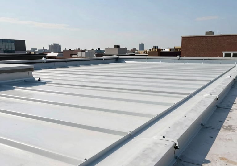 A completed high-end commercial roof in New York City, industrial-grade steel and white finish, clean lines under a bright clear sky.