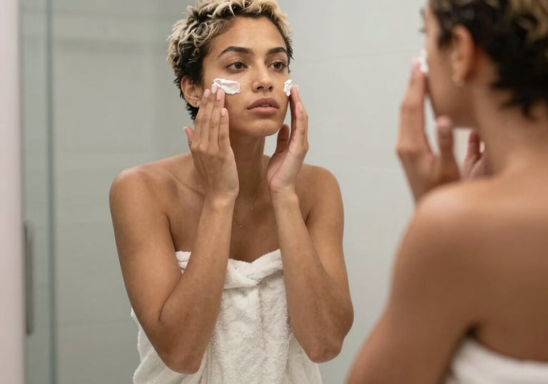 A flat lay of hydrating face masks and creams with subtle floral accents in shades of pink.