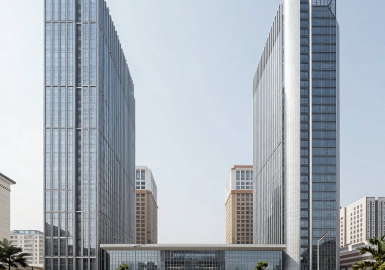 Modern architectural blueprint spread over a wooden desk with a green plant nearby.