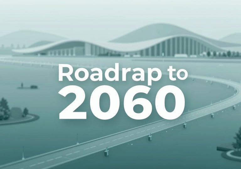 An architectural concept render of a futuristic 'Roadmap to 2060' in a clean digital style using #2C5D6C teal and #8DBEB7.