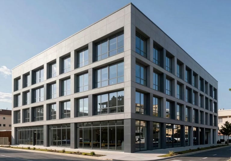 Wide shot of a completed modern commercial building in Provence, France, featuring clean lines, glass windows, and a grey facade under a clear blue sky.