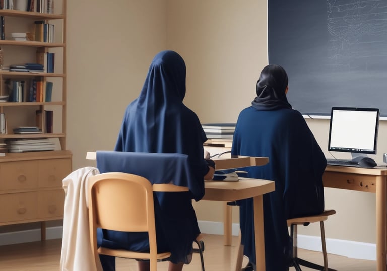 A smiling tutor guiding a student through Quran pronunciation on a tablet.