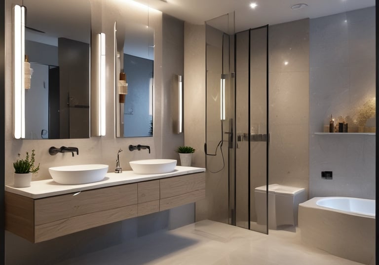 Close-up of a stylish wash basin with contemporary faucet and subtle ambient lighting.