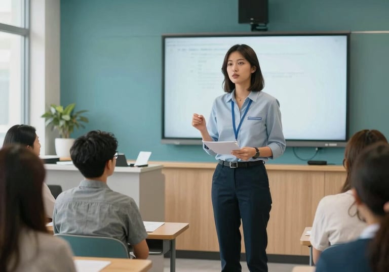 A health educator leading an informative session in a modern North American community center, with a clean professional atmosphere and teal decor.