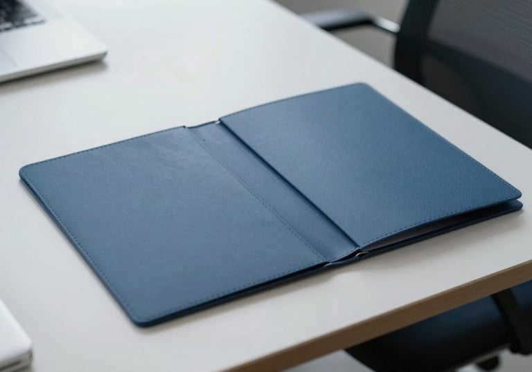 a closed elegant folder resting on a clean modern desk in a South American / Brazilian corporate setting, slate blue and light steel blue tones, conveying security