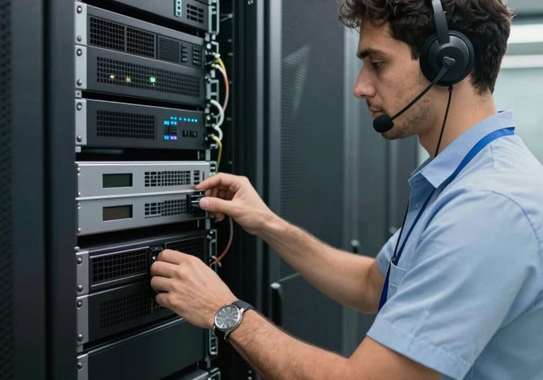 A professional IT support specialist working on a server rack in a modern South American data center, representing technological excellence.
