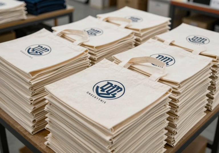 Dozens of finished customized canvas tote bags stacked in a professional workshop, showcasing consistent high-quality printing.