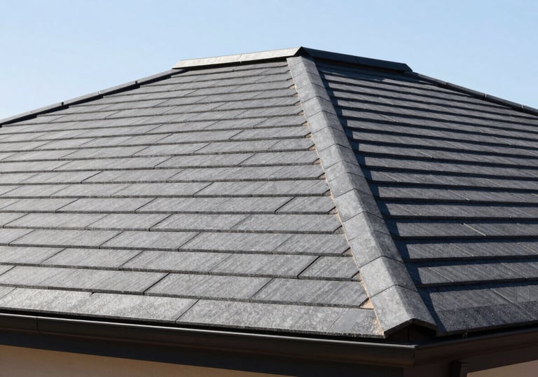 A close-up photo of a perfectly finished dark grey roof with modern tiling under the bright Southern African sun.