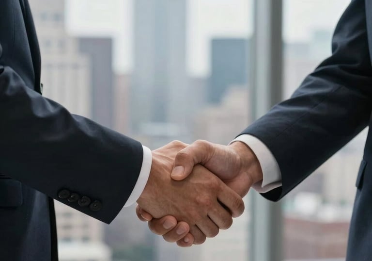 A close up photography shot of two professionals in business attire shaking hands in a high-rise office. The background is a blurred US city skyline.
