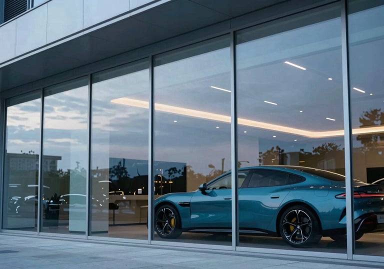 A modern architectural view of a high-end car showroom with glass walls reflecting a Misty Blue sky and Steel Blue car silhouettes.