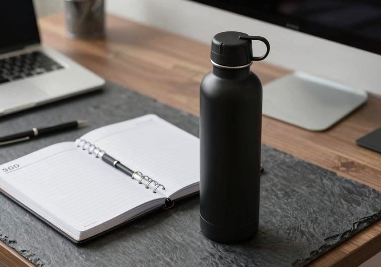 A clean, minimalist workspace featuring a matte black water bottle and a high-end planner on a slate desk, North American / US office style.