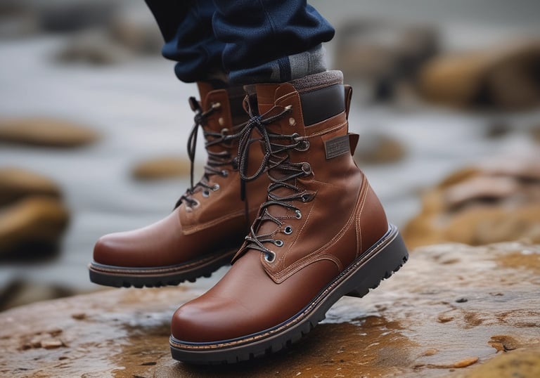Close-up of rugged military boots on rough terrain with olive green accents