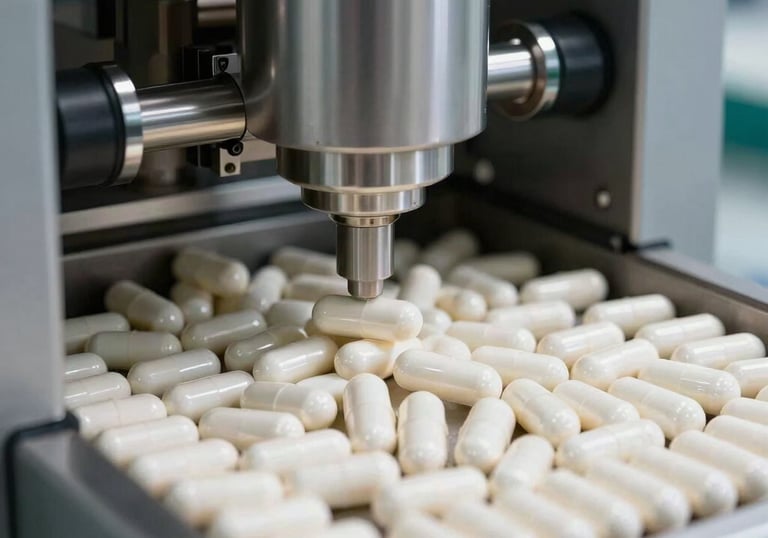 Close-up of a high-speed automated pharmaceutical pill press machine in action, producing uniform white capsules in a sterile factory environment.