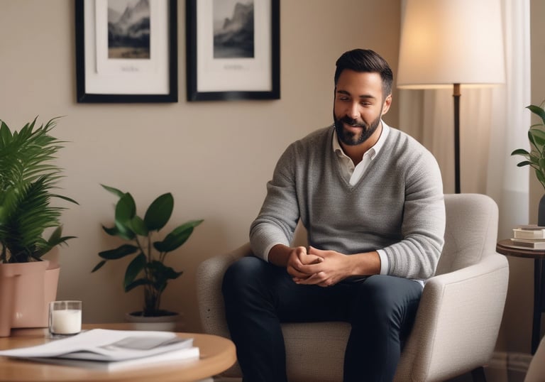 A serene therapy room with comfortable seating.
