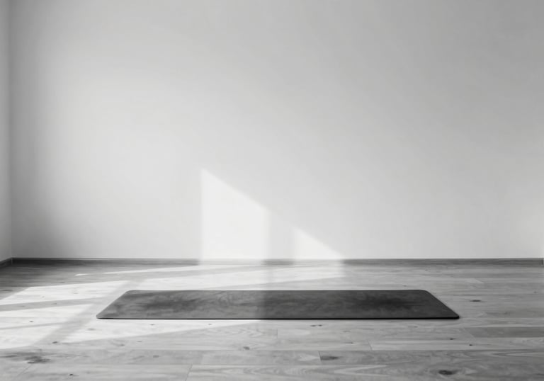 A minimalist black and white photograph of a serene yoga studio. Bright alabaster light fills the room, showing a single mat on a clean wooden floor with soft graphite shadows.