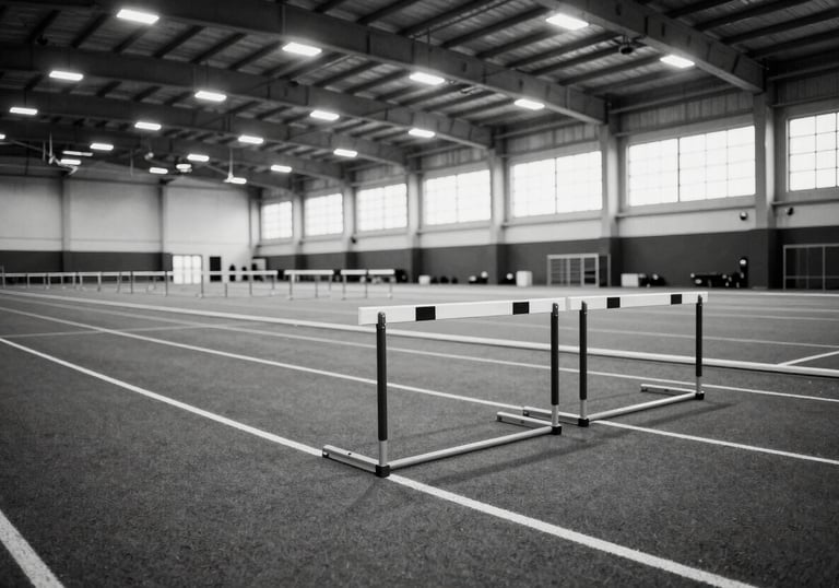 A professional black and white shot of an indoor sports performance center, featuring an artificial turf lane and graphite-colored hurdles under bright, modern lighting.