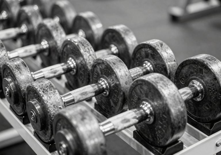 A high-contrast black and white photograph of a rack of heavy silver and graphite dumbbells in a professional gym environment. Focus is sharp on the metal texture with a blurred, clean background.