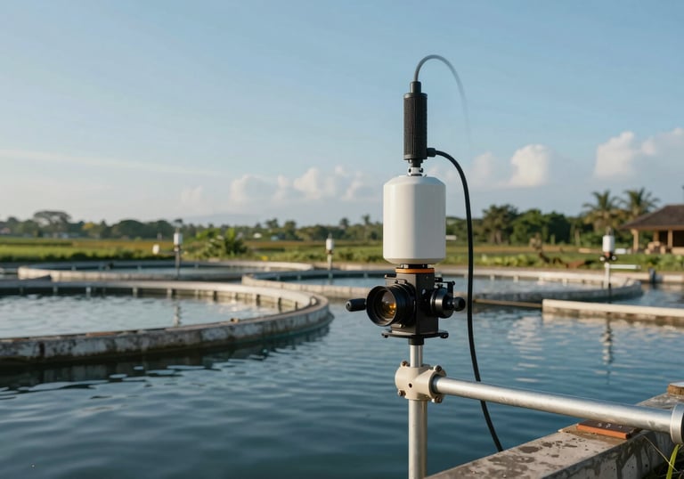 Modern sustainable fish farming equipment and sensors installed in an outdoor pond in a rural Southeast Asian / Indonesian landscape, natural light, Sky Blue tones.