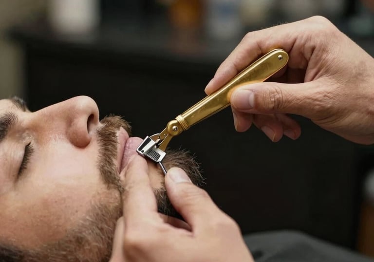 A photography focusing on the hands of a barber using a gold straight razor on a client's beard. South American context, elegant and professional atmosphere.