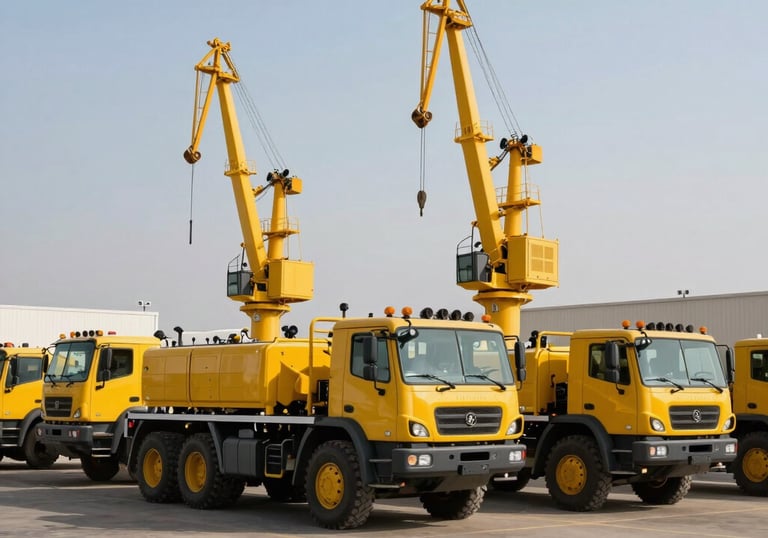 A fleet of heavy-duty industrial vehicles and yellow cranes parked in an organized staging area in Jubail, presented in a clean, professional commercial style.