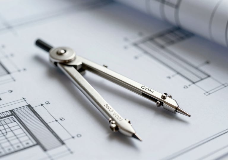 A sleek silver architect's compass resting on a technical blueprinted plan for a data center. Lighting is professional and clean, highlighting #899DAF tones.