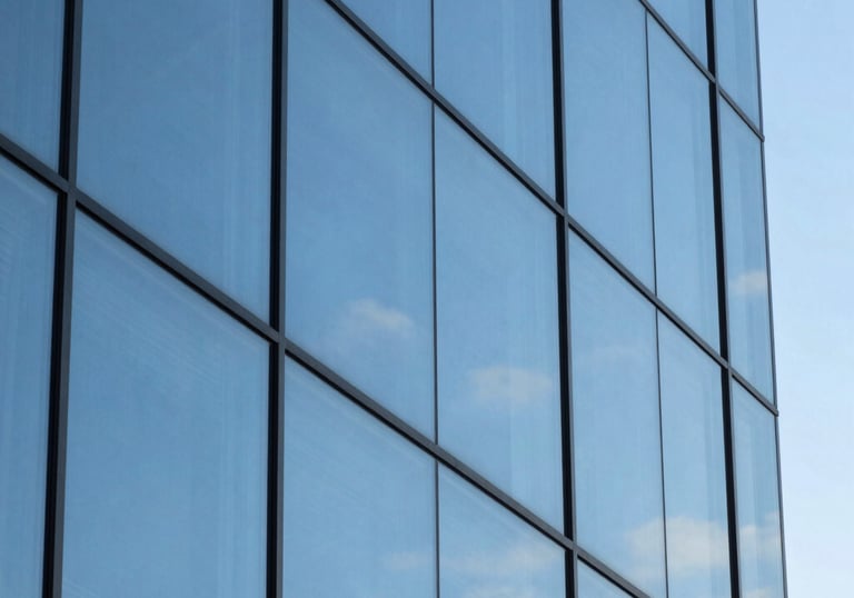 An abstract image of high-quality glass architectural panels reflecting a clear blue sky, representing clarity and modern business ethics, Brazilian setting.
