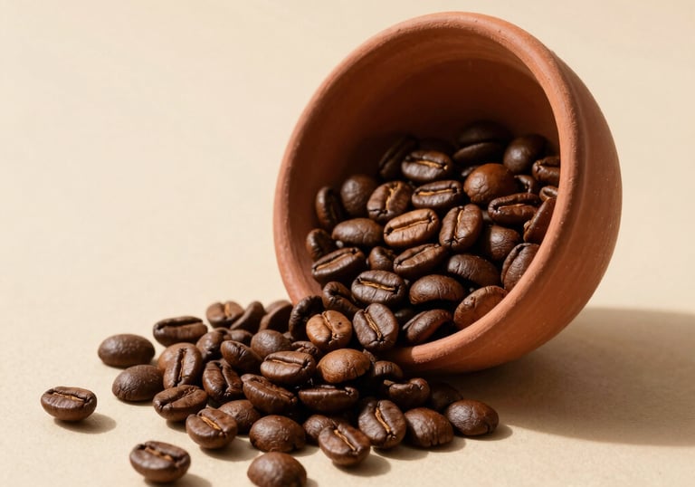 Product shot of specialty coffee beans spilling from a terracotta bowl onto a sand-colored surface, soft shadows, warm minimalist lighting.