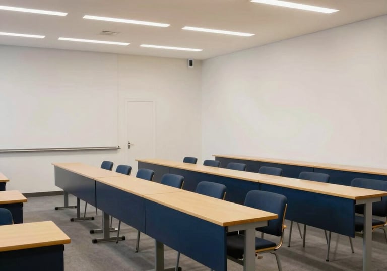A wide angle shot of a clean, bright seminar room with minimalist furniture, gold and dark blue accents, European architectural details.