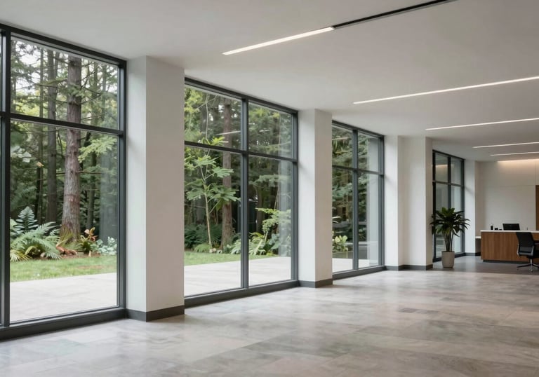 A minimalist, sharp photograph of a clean, modern North American / US office lobby with large windows and forest sage accents, symbolizing transparency.